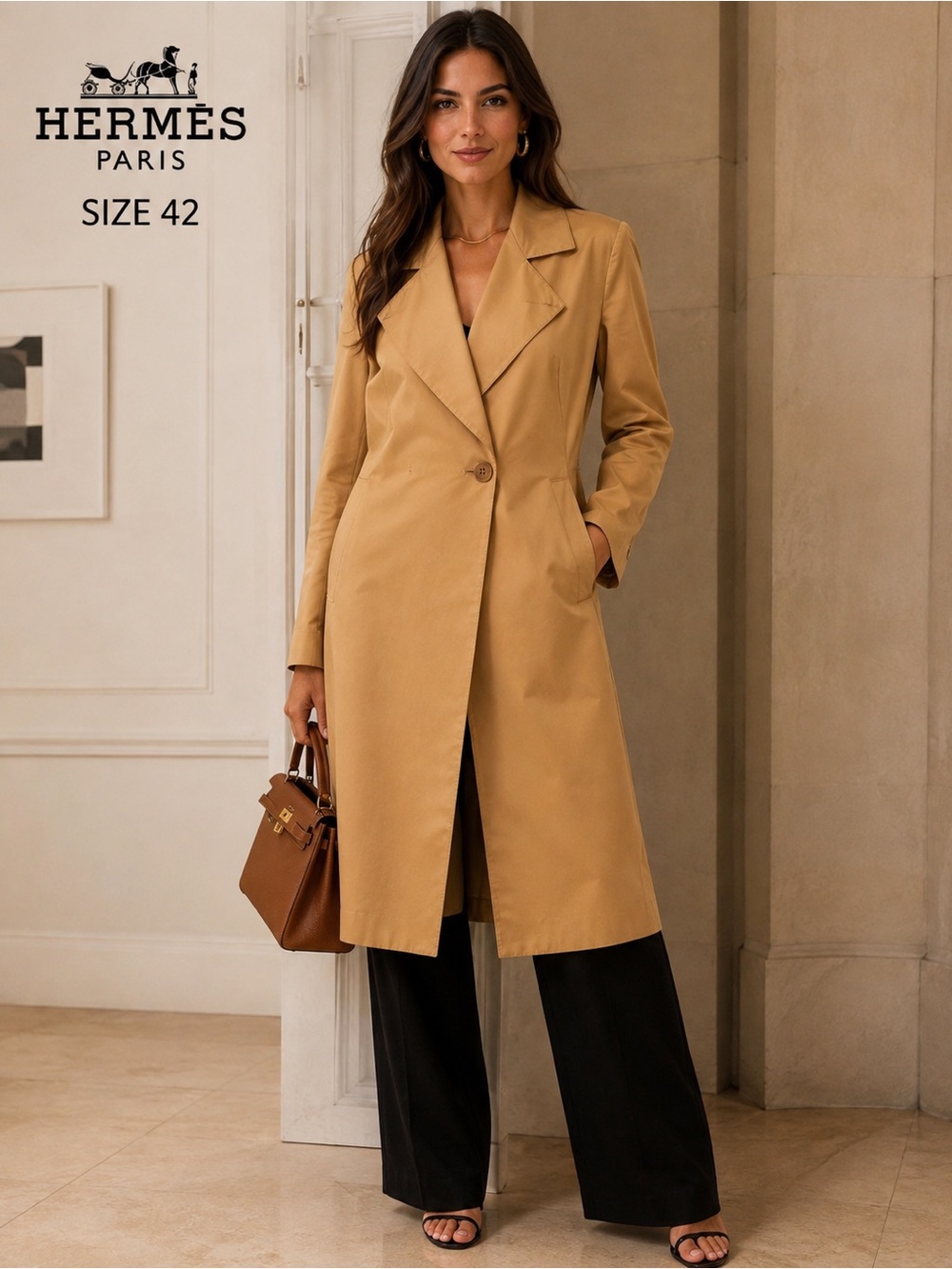 Hermes Camel Trench Coat with Single-Button Closure